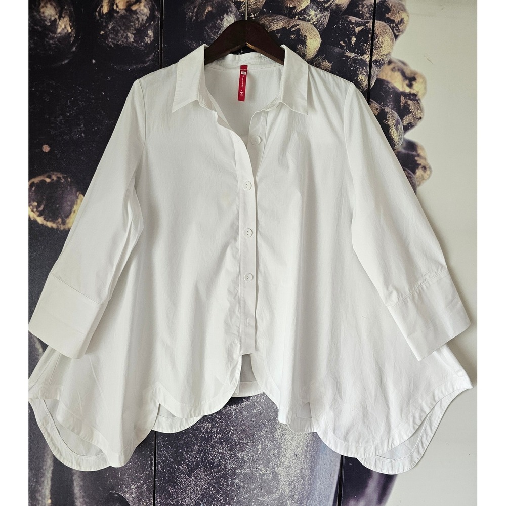 IC Collection White Asymmetric Sharkbite Hem Button Down Shirt Size L USA Made